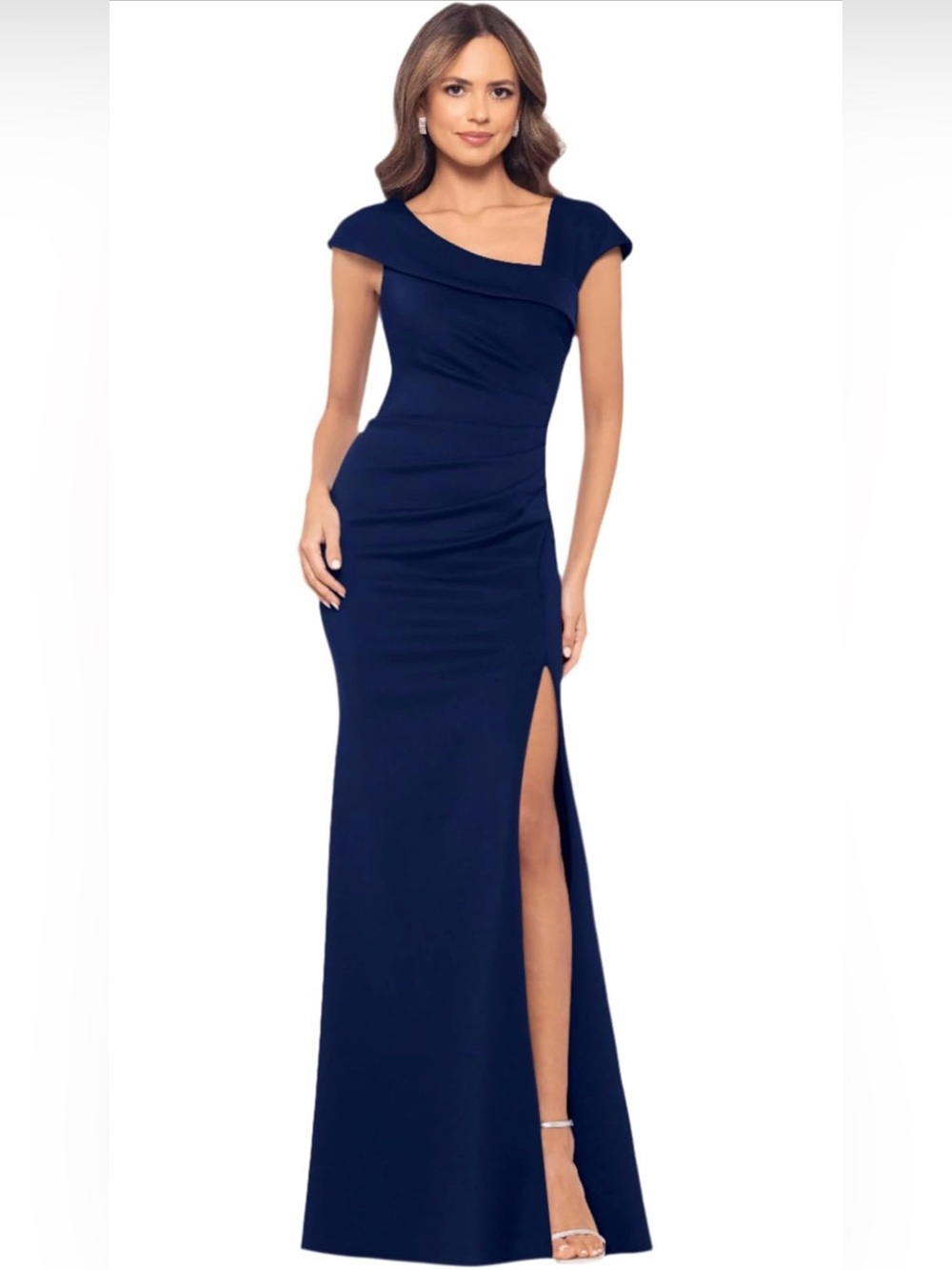 Xscape Navy One-Shoulder Evening Gown with High Side Slit